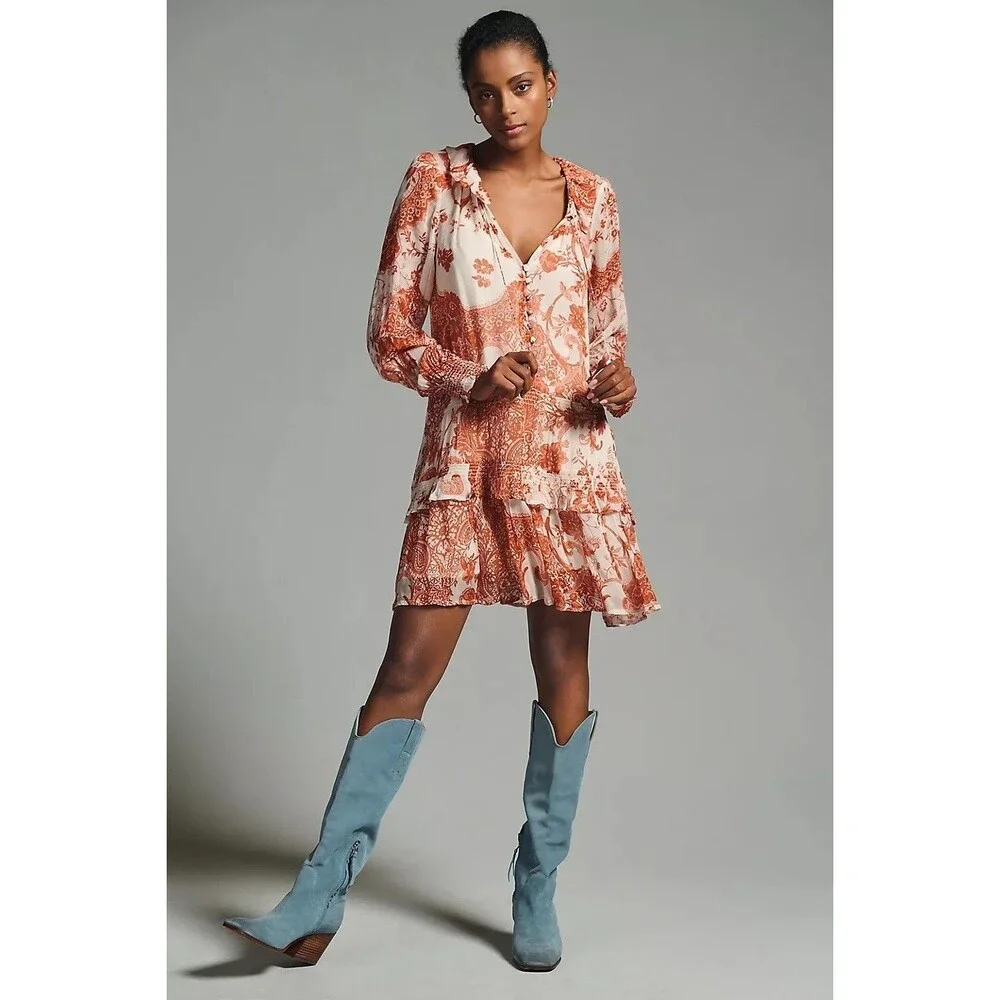 Anthropologie The Marais Printed Chiffon Mini Dress Floral Ruffle XXS 285882